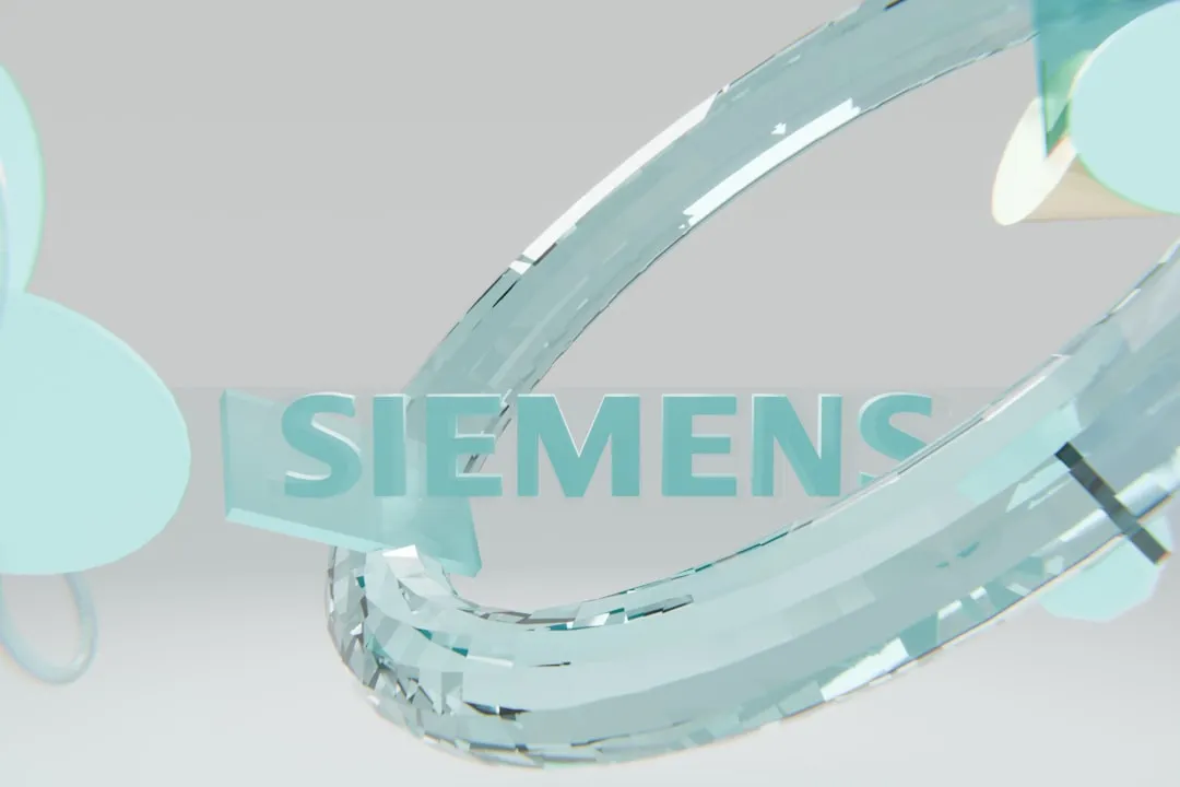 Siemens text surrounded by abstract blue fluid shapes.